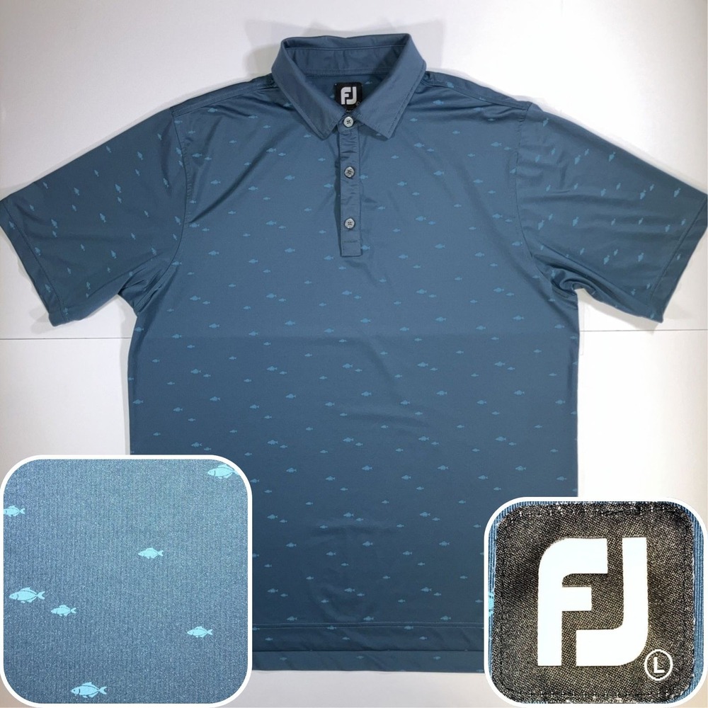 FootJoy School of Fish Print Lisle Self Collar Polo Shirt Mens Large Blue AOP